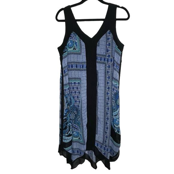 Paisley Midi Sz L Tank Dress Blue Black Handkerchief Hem Beach Boho Geometric - Picture 1 of 10